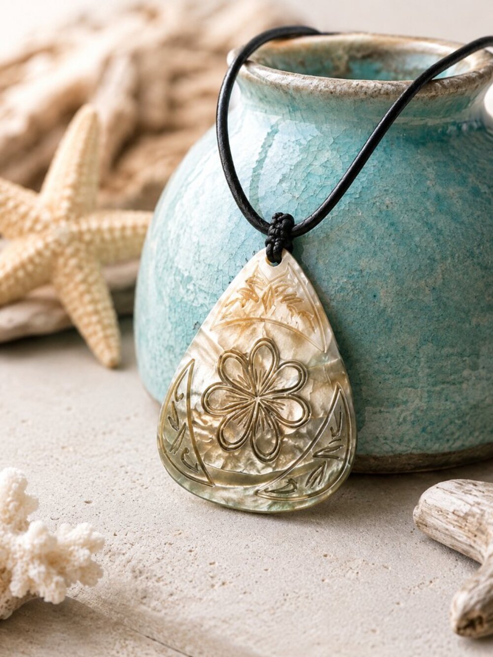 Carved Natural Shell Pendant Necklace | Organic Folk Art Floral Design